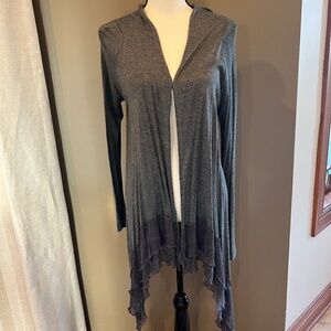 Love Stitch Gray Cardigan Sweater with tiered sheer ruffle hem, Size Large